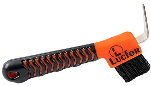 LUCFOR Hufkratzer für Pferde mit Gel-Griff, 2-in-1 Auskratzer für das Auskratzen von Hufen und Ausbürsten, schwarz-orange