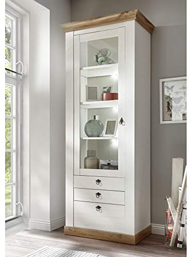 Lomadox Standvitrine im Landhaus Design in Pinie weiß und Wotan Eiche Nb., B/H/T ca.: 82/204/44 cm