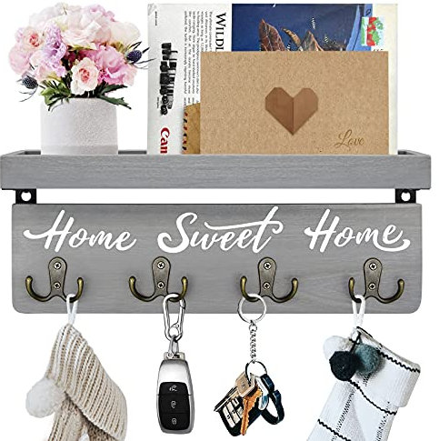 buways Schlüsselbrett mit Ablage, Schlüsselbrett Holz mit 4 Haken, Schlüsselablage Wand für Eingang, Flur, Schlafzimmer, Wohnzimmer, Grau