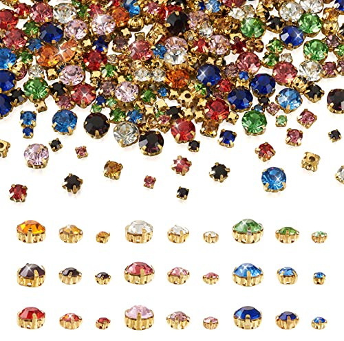 Cheriswelry 918 Stück Strasssteine zum Aufnähen mit goldenen Krappenfassungen, flache runde Klaue, flache Rückseite, Kristallglas-Strasssteine für Kleid, Kleidung, Schuhe, Tasche, Dekoration