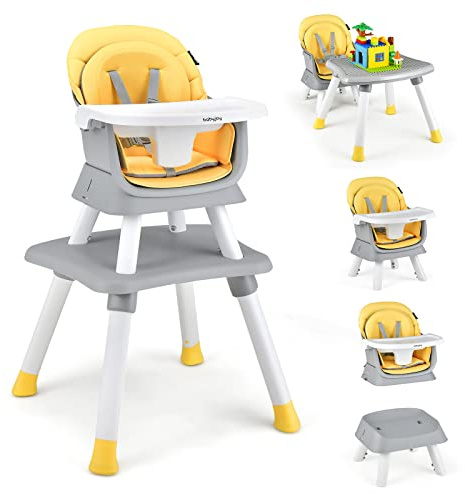 BABY JOY Baby High Chair, 8 in 1 Convertible Highchair for Babies & Toddlers | Booster Seat | Table and Chair Set | Building Block Table | Toddler Chair with Safety Harness, Removable Tray (Yellow)
