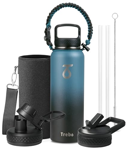 Trebo Bouteille d'eau isotherme avec 3 couvercles, poignée en paracorde et | Bouteille sous vide en acier inoxydable, triple paroi plaquée cuivre, passe au lave-vaisselle, garde au froid 48 heures pour