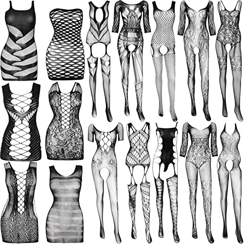 Jeyiour 16 Pcs Black Lace Bodysuit with Garter Womens Fishnet Bodystocking Belt Lace Fishnet Doll Bodysuit Body (Classic Style)
