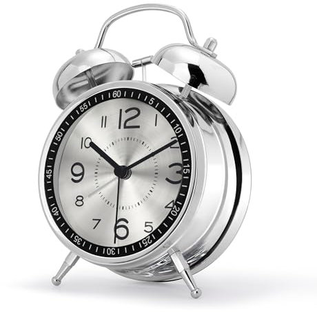 Lafocuse Metallo Sveglia Forte per Dormiente Pesante, Doppia Campana Grande, con Luce Notturna, Sveglia da Comodino Analogica Silenziosa, Orologio da Tavolo Batteria senza Ticchettio 16cm, Argento