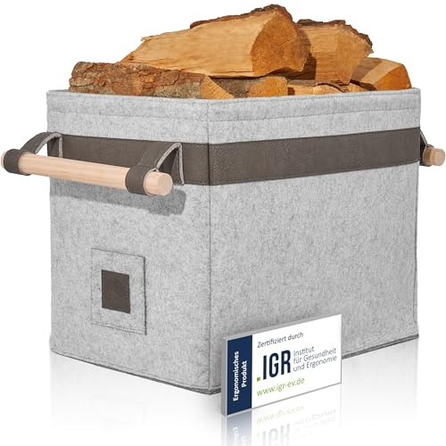 OAKAGE® Holzkorb für Kaminholz Groß [Integrierter Metallrahmen für Zusatzstabilität] Kaminholzkorb Filz Feuerholzkorb Brennholzkorb Kaminkorb Filzkorb | Korb Hellgrau
