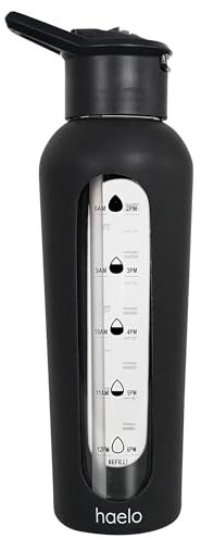 haelo 24oz Glass Motivational Water Bottle with Flip Lid Straw, Silicone Protective Sleeve, Handle, Reusable BPA Free (Black)