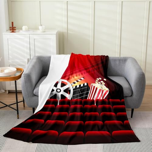 Movie Night Plush Throw Blanket Queen 90x90 Kids Movie Theater Decor Flannel Fleece Blanket for Boys Popcorn All Season Bed Blanket Cinema Room Decor Old Fashion Home Theater
