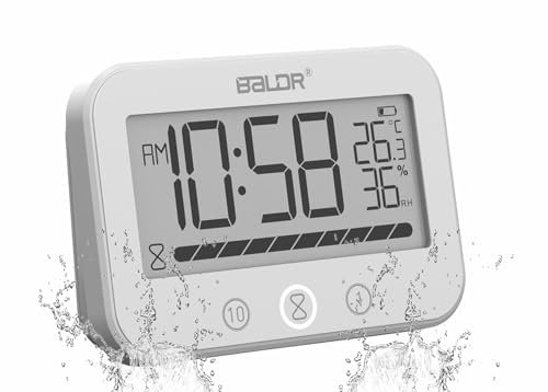 LXSZRPH Digital LCD Waterproof Timer Shower Clock, Waterproof for Water Spray, Bathroom Clock Wall, Two Suction Cup, Displays Time, Temperature, and Indoor Relative Humidity (1, White)