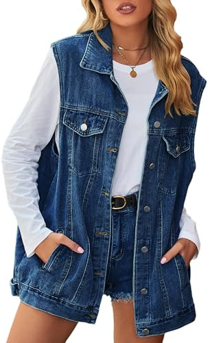 Oulivey Denim Jean Vest for Women Oversized Sleeveless Mid Long Button Down Denim Waistcoat(0027-02DarkBlue-XL)