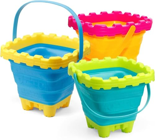 Anzmtosn Groß Sandburg Strandeimer Spielzeug 2 Set,Bunte Sand Strand Eimer für Kinder, Kleinkinder, draußen, Sandkasten, Sandburg förmiger Eimer mit Netztasche,Schnee, Hinterhof Kein Blue 2 Pack