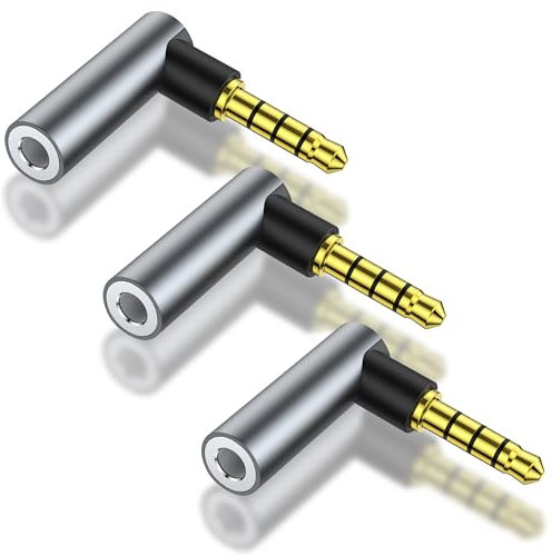 HATMINI Confezione da 3 adattatori audio maschio-femmina ad angolo da 3,5 mm, accoppiatore jack stereo TRRS ad angolo retto da 90 gradi da 3,5 mm 1/8 connettori placcati oro (angolo da M a F)