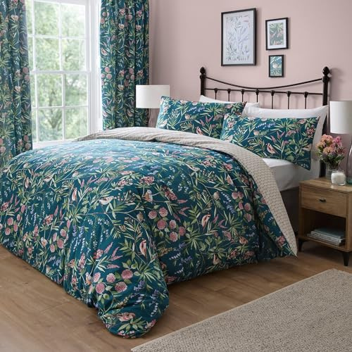 Dreams & Drapes - Teal Green Floral & Bird Duvet Cover - King Bedding Size (230 x 220cm) - Reversible (2 Designs) - 3 Pieces - Vintage Floral Bedding in Dark Green - Spring Garden Flower Duvet Cover