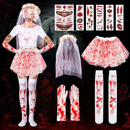TZEKING Halloween Blut Kostüm Deko Set,16 Stück Halloween Kostüm Accessoire,Blutiger Brautschleier mit Rosen,Blutige Knie-Strümpfe,Tutu-Röcken, Handschuhen,Gesicht Tattoos,Tattoo-Aufkleber,Horror Deko