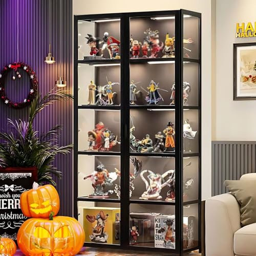 Pounjsd Sammlervitrine Stehend Standvitrine Glasvitrine, vitrinenschrank, vitrine Glas stehend, glasvitrine, Großer Kapazität Klare Regal Vitrine, Holzvitrine, bücher vitrinenschrank Schwarz