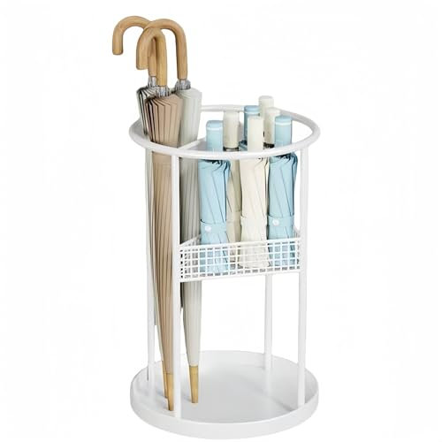 Umbrella stand, square umbrella stand, round umbrella stand made of wicker, metal commercial umbrella stand, stand heavy duty storage with removable drip tray for home office corridor foyer(White)