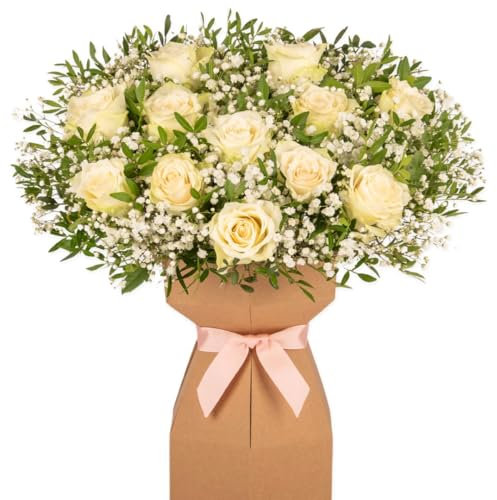 Pure Grace Dozen White Roses Fresh Flower Bouquet Delivered in Presentation Vase | 12 White Roses & Seasonal Greenery | Natural Card Vase and Pink Ribbon Ribbon | AMFL009