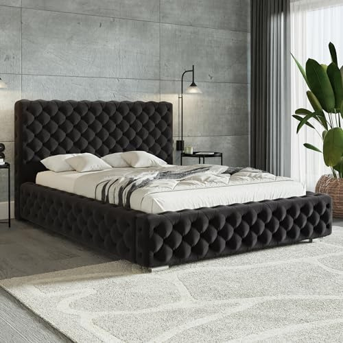 MOTIVENA Dianna Chesterfield Bett 180x200 Schwarz Samt, mit Stauraum, mit Kopfteil, mit Lattenrost, mit Füßen, ohne Matratze, Chesterfield Polsterbett 180x200 mit Bettkasten Schwarz