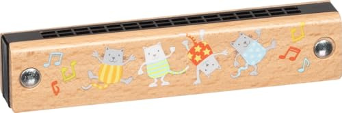goki 61858 - Mundharmonika aus Holz und Kunststoff, Musikinstrument mit Katzenmotiven, fördert musikalisches Interesse und auditive Wahrnehmung der Kinder, 16 unterschiedliche Töne, 13cm, ab 3 Jahre