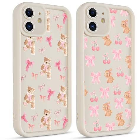 Phoona 2 packs Bow Tie Bear Rabbit Print Phone Case for iPhone 12 mini 5,4'', Cute Pattern Aesthetics Design with Full Camera Lens Cover, Soft Shockproof Protective Funda for Women Girls