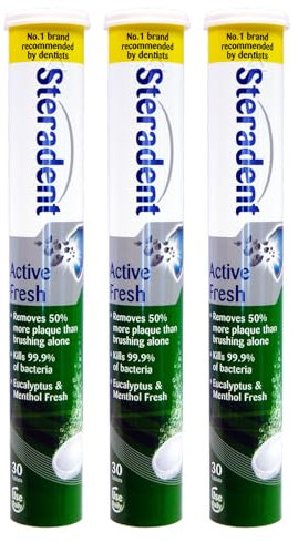Active Fresh Denture Cleaning Tablets – Eucalyptus & Menthol – 30 Tablets x 3 Pack – Helps Remove Plaque & Stains, Provides Long-Lasting Freshness, Suitable for Full & Partial Dentures