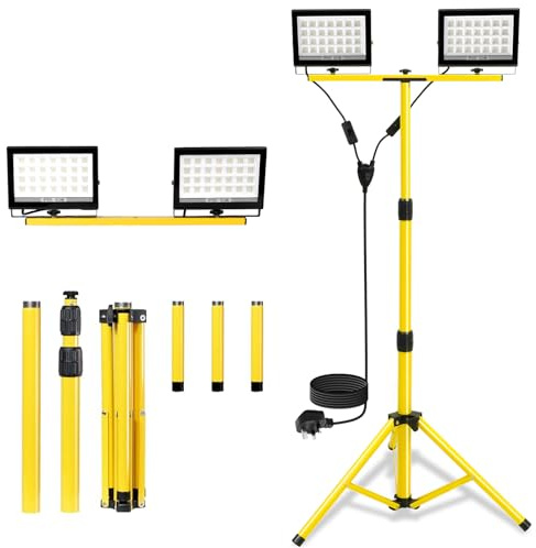 11000Lumen Tripod LED Work Light with Stand, 2 Adjustable Twin Head Floodlight with 13.1FT Cord IP66 Waterproof Foldable Construction Work Lights for Indoor Outdoor Job Site Workshop Garage