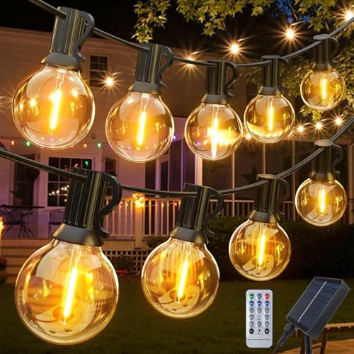 Hulaiyaa Solar Lichterketten Garten G40 12 M 20 Glühbirnen, 8 Modi Lichterkette Glühbirnen Aussen Solar, Lichterkette Haufseil Außen Glühbirnen mit Fernbedienung für Patio Balkon Party Hochzeit