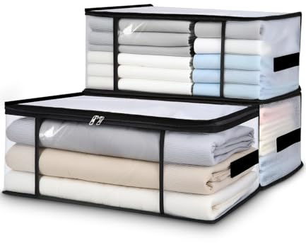 Cexovo 3 Sacs Rangement Vetement Transparente 35L,Boite Rangement Vetement en Transparente,Boîte Rangement Sous Lit Armoire,Housse Couette Pliable avec Poignées,Caisse rangement Pliable pour Armoires