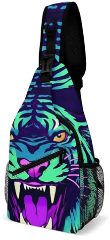 Sports Gym Daypack Neon Tigers With Scary Teeth Printed Strap Daypack Waterproof Chest Bag For Business, Office, Gym