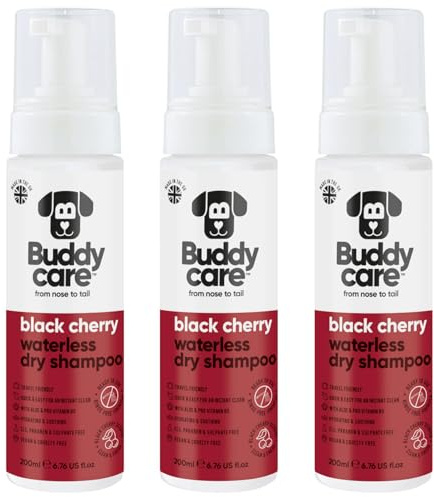 Buddycare Trockenshampoo für Hunde (200 ml x3) | Schwarze Kirsche Hundeshampoo für empfindliche Haut | Natürliches, einfach anzuwendendes Trockenshampoo für frisches, sauberes Fell