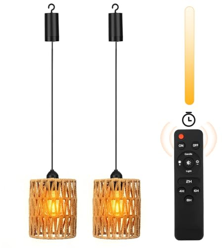 2 Stück Hängeleuchte Rattan, Boho Rattan Lampe Vintage Hängelampe mit Batterie, Atteriebetriebene Lampe mit Fernbedienung, Hängelampe Outdoor für Patio Bar Garten Terrasse Wohnzimmer Schlafzimmer