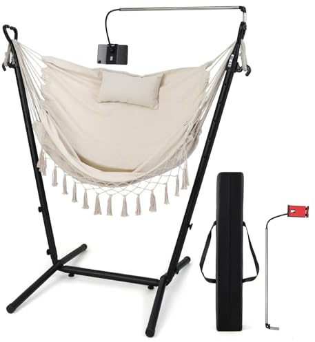 COSTWAY Hamac sur Pied avec Support en Métal, 6 Hauteurs 96-146 cm, Beige | Charge 250 kg, Chaise Suspendue en Coton Tissé, Oreiller, Poche Latérale, Porte-Téléphone, Sac