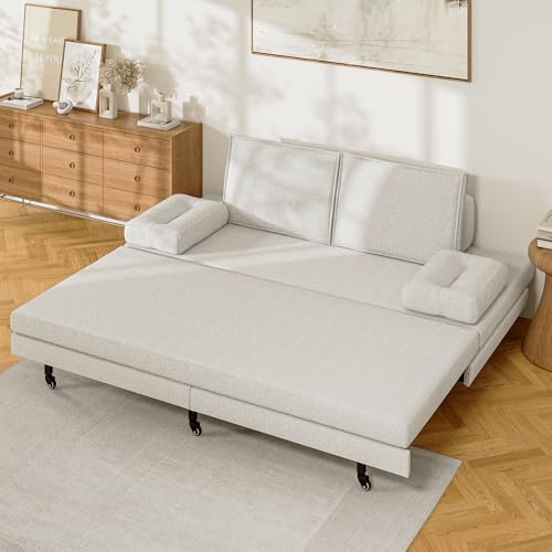 JYNVO Schlafsofa verwandelbar 90/180 x 200 cm, Multifunktionales Schlafsofa mit ausziehbarem Bettgestell, mit stabilen Lattenrost, Armlehnen und Rollen, Leinenbezug, Doppelbett