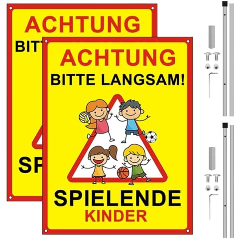 Panneau Attention Enfants Qui Jouent, Aluminium avec Réflecteur, Signe Ralentir pour Extérieur/Intérieur, Installation Facile avec Vis et Clé (2, 30 * 20cm)