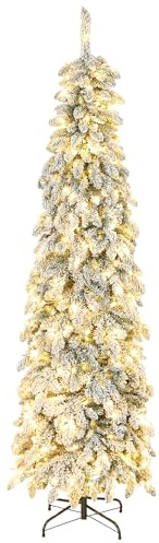 HOMCOM Árbol de Navidad Estrecho 225 cm con Luces IncorporadasVerde | Árbol de Navidad Nevado, LED Bicolores, 11 Modos de Iluminación, 800 Ramas, Soporte de Acero, Fácil de Montar, Temporizador