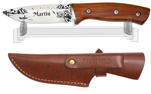 ADAM WILD Angelmesser mit Gravur | personalisiert | Geschenke für Angler | Anglermesser aus rostfreiem Edelstahl mit Lederscheide | Wunschname & Motiv gravierbar | Outdoor- & Angelzubehör für Männer