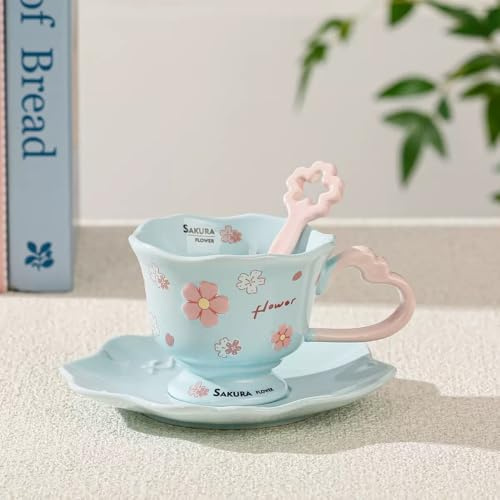 Huiyiwert Blumentasse Espressotasse mit Untertasse und Löffel kerative 3D Relief Blumenmuster Kaffeetasse Teetasse Cappuccino Tasse für Kaffee Tee Latte Mocha Americano (Blau)