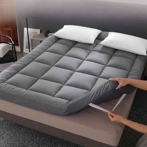 10cm Thick Grey Mattress Topper Double Bed - 1000GSM Heavy Filling Quilted Extra Deep | Fluffy, Breathable, Soft, Box Stitched | Mattress Pad | Corner Elastic Straps Machine Washable (Double)