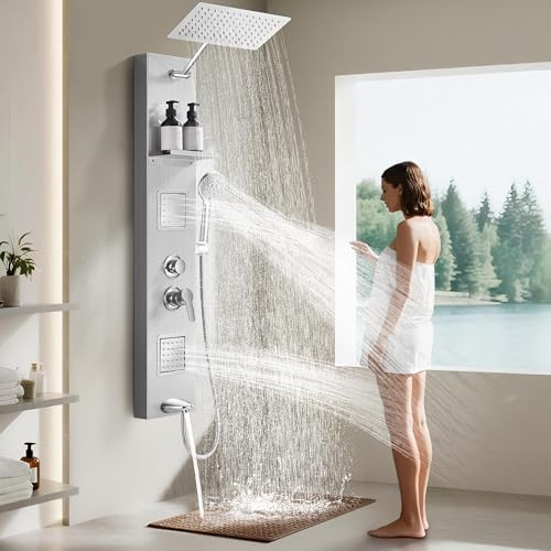 Shower Panel Tower System with Shelf, Body Jet Massage, Tub Spout, Total 4 Body Spray & 5 Handheld Settings, Adjustable Height, Rainfall + Waterfall Shower Head, Rain Massage Spa System For Bathroom