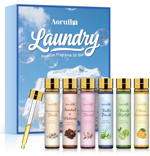 Aoruilia Laundry Fragrance Oils Set 6 x 10ml, Essential Oils for Cleaning, Diffusers, Soap Making - Uplift, Citrus Summer, Fantabulous Floral, Falls Fresh, Santal & Vetiver, Birchwood Fresh