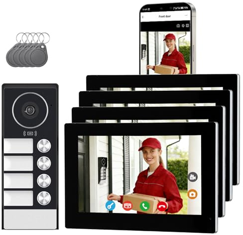 Honmidatek Videoportero WiFi 2 Hilos, Timbre Video Sistema Intercomunicador, Videoporteros Táctil 7,Timbre Metálico con Cámara,detección de Movimiento Humano, kit para 4 familias