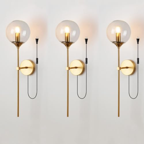 LIFENICEST Mid-Century Modern Plug in Wall Light Clear Glass Globe Wall Sconce Set of 3 Gold Long Wall Mounted Lamp 5.9inch Glass Ball Wall Lighting for Bathroom Bedroom Living Room