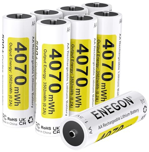 ENEGON – Lot de 8 Piles AA Lithium Rechargeables 4070 mWh 1,5 V, Chargeable exclusivement avec Chargeur Lithium. Haute Puissance pour manettes, serrures connectées, caméras de Surveillance（Blanc）
