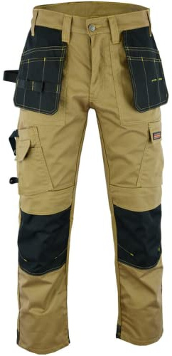 WrightFits Pantalon de Travail Pro Builder pour Homme - Kaki - Pantalon Cargo de sécurité Robuste - Multi Poches - Poches pour genouillères (34W X 31L)