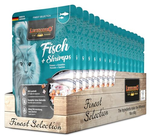 Leonardo Sacchetto salvafreschezza [16x85g Pesce + Gamberetti] | Cibo umido senza cereali per gatti | Alimento completo umido in busta monoporzione