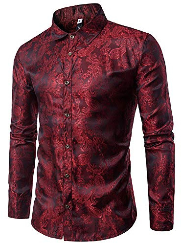 Camicia da Uomo con Motivo Cachemire in Seta Jacquard per Abito da Uomo a Maniche Lunghe con Bottoni e Colletto Vino Rosso M