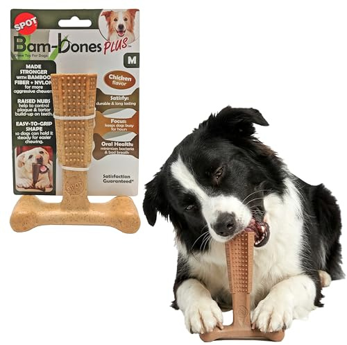SPOT Bam-Bones Plus T-Bone, Bambusfaser und Nylon, langlebig für Aggressive Kauer, splitterfrei, für ausgewachsene Hunde und zahnende Welpen unter 27 kg, 15,2 cm, Hühnergeschmack