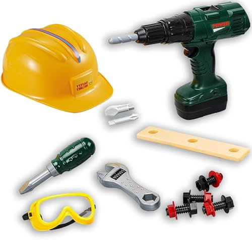 COO11 Kids Power Drill Toy & Tool Set | 42-PC Pretend Play Construction Kit with Working Cordless Drill, Hard Hat & Safety Goggles | Gift for Toddler Boys Age 3+ Years
