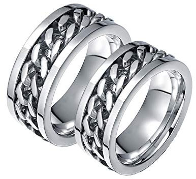 KnSam 2 Stück Ring Ring Verlobung Edelstahl Silber Ringe Herren Set Spinner Kettenblatt Breit 8Mm Damen Gr. 60 (19.1) Herren Gr. 62 (19.7) Silber