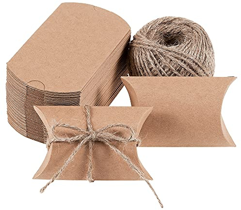 Kissenboxen, 50er-Packung Kissen-Geschenkboxen mit Jutegarn, Kraft-Mini-Geschenkboxen, 8,9 x 6,4 x 2,5 cm