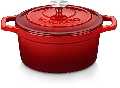 vancasso Ollas de Hierro Fundido, 3 litros 22cm Cacerola Holandesa de Esmaltado Olla Antiadherente Anticorrosiva Esmalte con Tapa Redonda para Cocina Estofado, Paella, Freír, Asar, Saltear - Rojo
